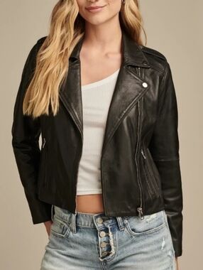 Lucky Brand Classic 100% Lamb Leather Moto Jacket Washed Black Women's S